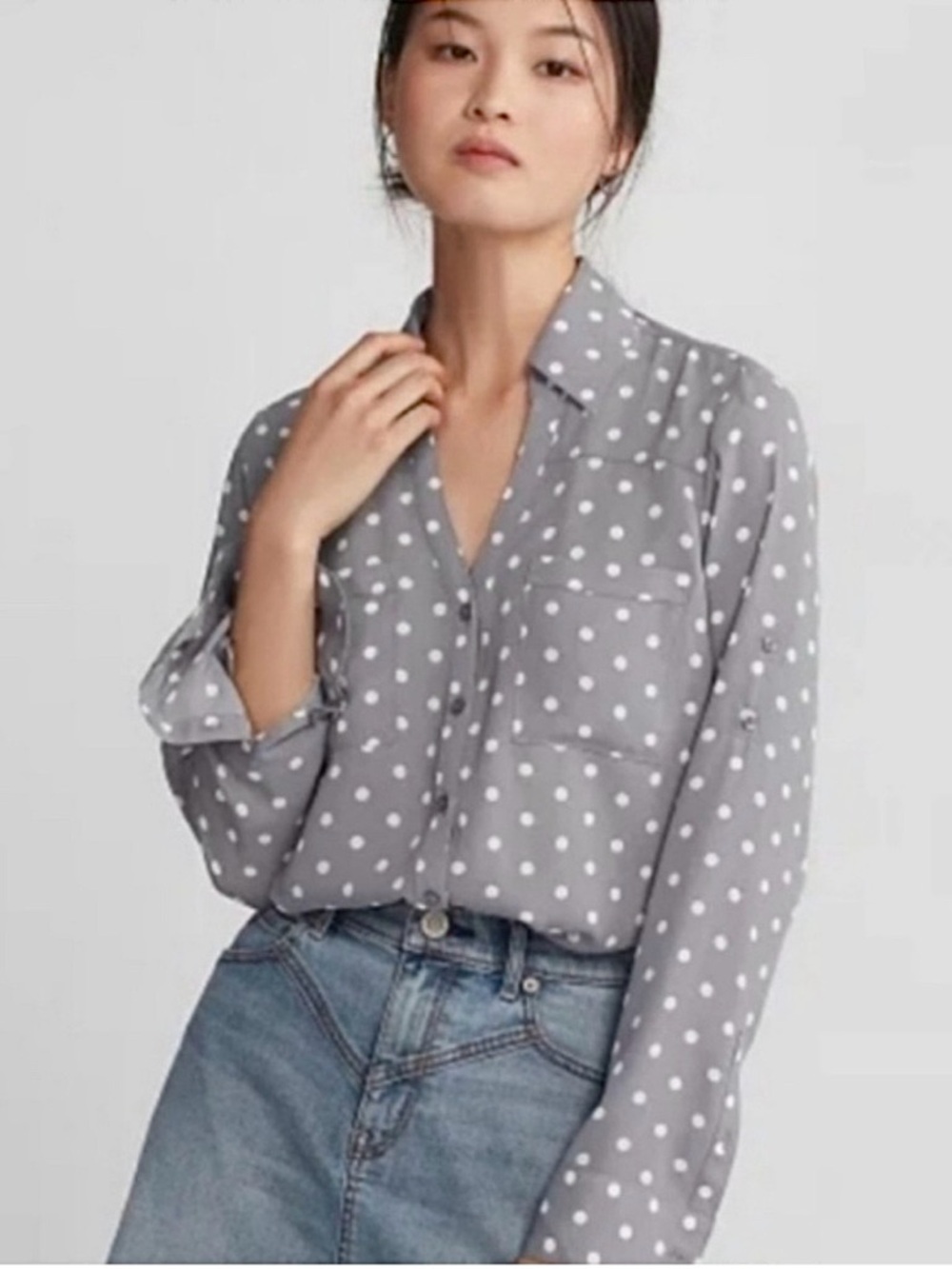 Express Gray Polka Dot Button-Down Shirt